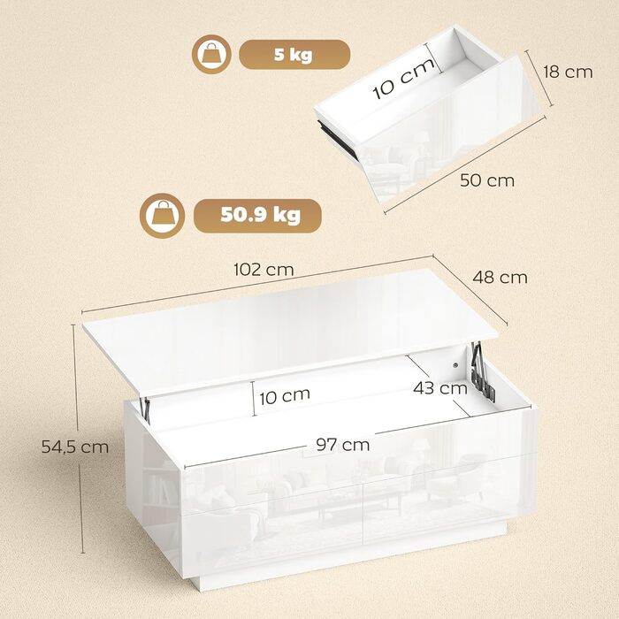 Журнальний столик HOMCOM з регульованою висотою, стіл для вітальні з підйомною стільницею, 2 шухлядами та прихованим місцем для зберігання, журнальний столик-диван для вітальні, білий глянець