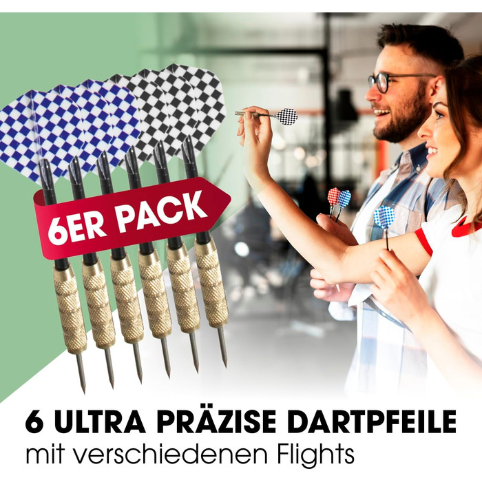 Мішень для дротиків Повний набір дротиків з 6 дротиками та додатковим підсвічуванням дротиків Сталеві дротики, включаючи льотки Сизалеві дротики із захисним кільцем Мішень для дротиків виготовлена з самозакриваючихся сизалевих волокон 1) Мішень для дротик