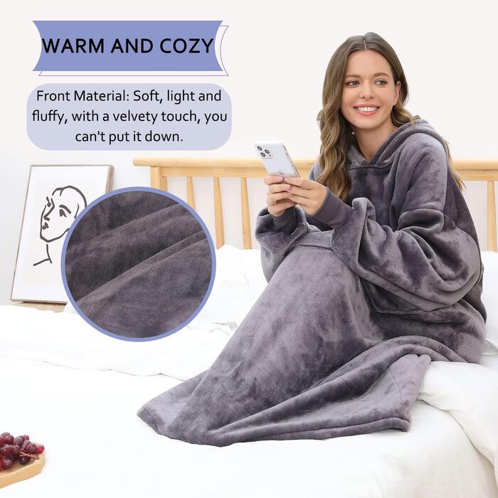 Портативна ковдра-толстовка великого розміру, супер товста тепла шерпа-флісова ковдра-толстовка з кишенями та рукавами для дорослих та дітей, темно-сіра1