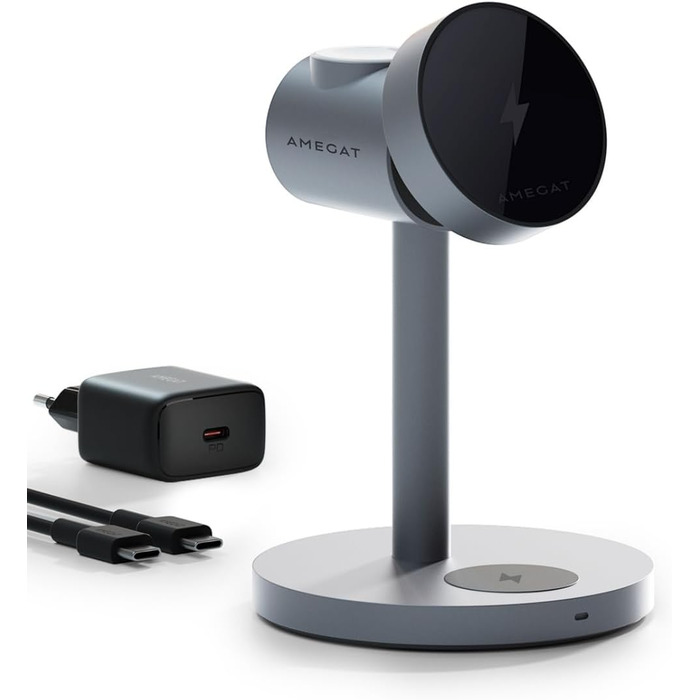 Зарядна станція AMEGAT для Apple Watch та iPhone, бездротовий зарядний пристрій MagSafe 3 в 1 15 Вт, включаючи 30 Вт зарядний прис