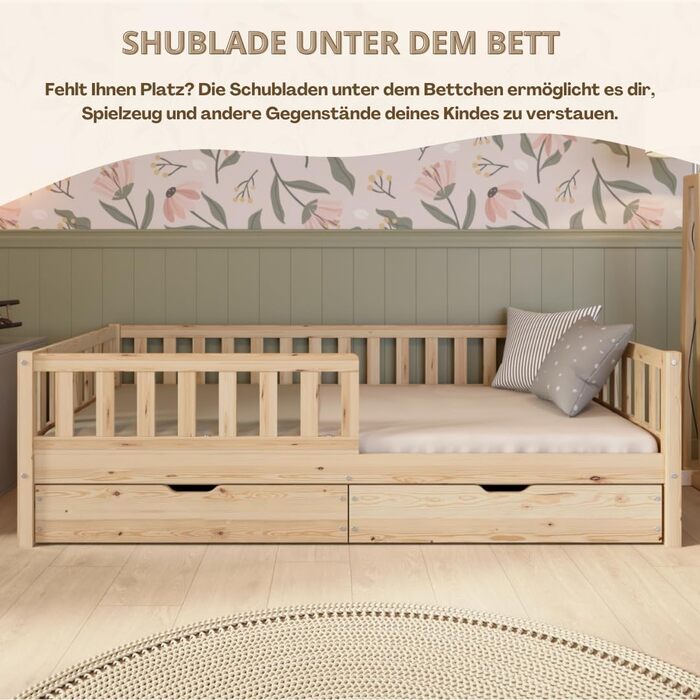 Дитяче ліжко з шухлядою 100x200 см Ліжко Монтессорі з масиву дерева із захистом від падіння Безпечне дитяче ліжко Скандинавський дизайн, легке складання Crazy Basic 200 x 100 см з натурального дерева з шухлядами