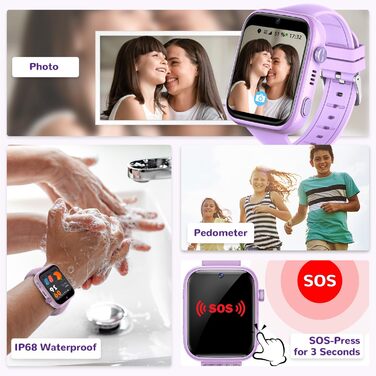 Дитячий смарт-годинник з функцією відеодзвінків та телефону, дитячий годинник з GPS, голосовим чатом, WhatsApp, WiFi, SOS, SMS, шкільним режимом, крокоміром, водонепроникний IP68, будильник, дитячий смарт-годинник для дівчаток/хлопчиків, фіолетовий/фіолет