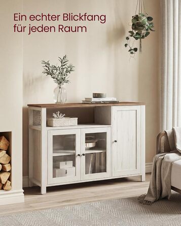 Сервант, Кухонна шафа, Шафа для зберігання, з 3 дверцятами, для вітальні, кухні, їдальні, 33 x 110 x 75 см, Сільський стиль, Медово-коричневий - Вінтажний білий LSC096WJ02 Медово-коричневий Вінтажний білий