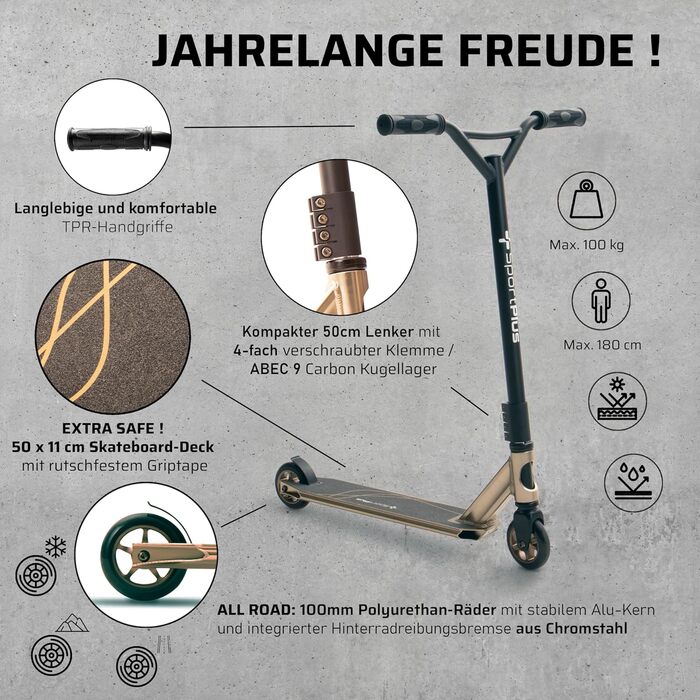 Самокат SportPlus Stunt / Freestyle Scooter Pro, рама з анодованого алюмінію, кулькові підшипники ABEC 9, 4-кратний болтовий затис