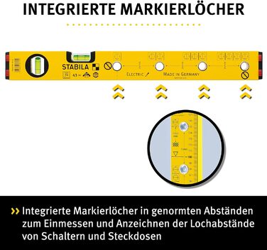Електричний рівень STABILA, тип 70 Electric, 43 см, легкий алюмінієвий профіль, 1 горизонтальний пухирець, 1 вертикальний пухирець, маркувальні отвори, зроблено в Німеччині, жовтий Тип 70 Electric 43 см