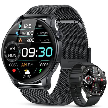 Розумний годинник для чоловіків та жінок з функцією телефону наручний годинник з Bluetooth-дзвінками, водонепроникний фітнес-трекер, розумний годинник з пульсометром, монітором сну, крокоміром, спортивний годинник для Android та iOS, чорний