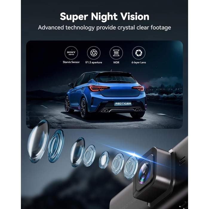 Відеореєстратор автомобільний передній задній, сенсорний екран 3.18 дюйма, голосове управління, вбудований 5.8 ГГц WiFi GPS, безко