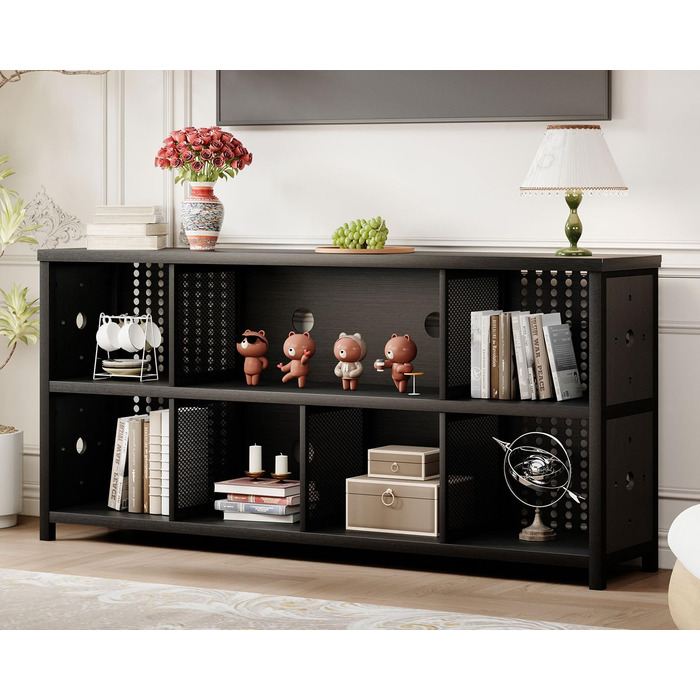 Книжкова полиця LVB з 8 відділеннями, 2-ярусна книжкова шафа, кубічна полиця, полиця-перегородка для кімнати, офісна полиця, горизонтальна, для вітальні, офісу, кабінету, дитячої кімнати, дерев&39яна, чорна, 34Г x 160Ш x 76В