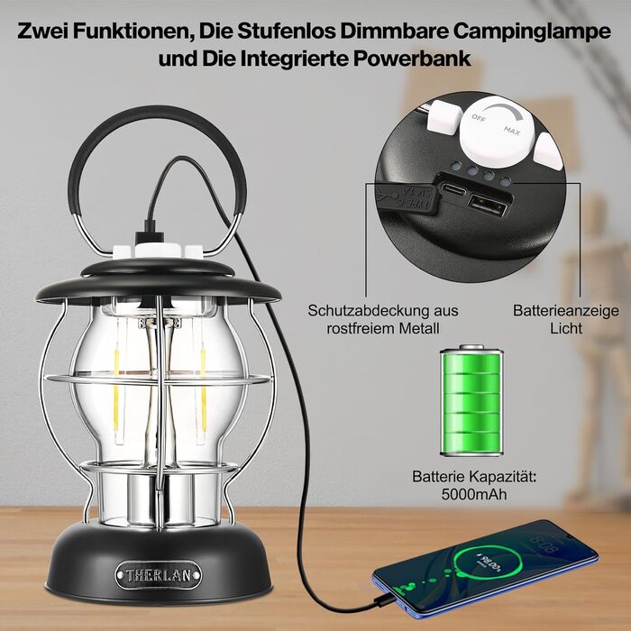 Ліхтар для кемпінгу, ретро-ліхтар для кемпінгу, (320 лм, IP44, 5000 мАг, до 180 годин) 3 рівні яскравості, плавне затемнення, акумуляторний ліхтар для кемпінгу, зовнішній світлодіодний ліхтар для кемпінгу RCL0002