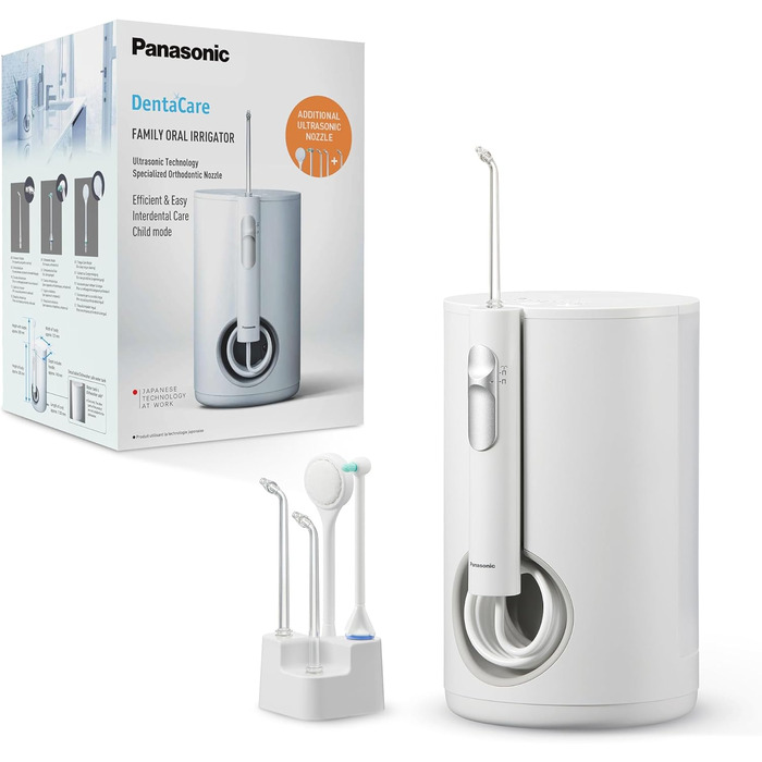 Сімейна флоссер Panasonic EW1614AW503-PACK, Іригатор для зубів, Ультразвуковий промінь, Дитячий режим, 10 налаштувань тиску, IPX7, Ортодонтія, 5 насадок, З живленням від мережі, Білий