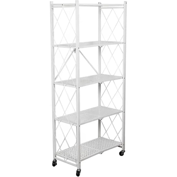 Складана полиця з колесами 5 полиць/відсіків Білий Вантажопідйомність 250 кг ВxШxГ 167x72x34 см Полиця для зберігання, металева полиця, складна полиця, 5 полиць, білий