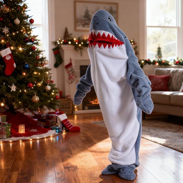 Толстовка з капюшоном FARYODI з акулою та рукавами S-XXL, толстовка з капюшоном та спальним мішком з акулою, фланелевий комбінезон з акулою та ніжками, фланелева ковдра з акулою, подарунок для мультяшних піжамних вечірок M (140-155 см) сіро-блакитна