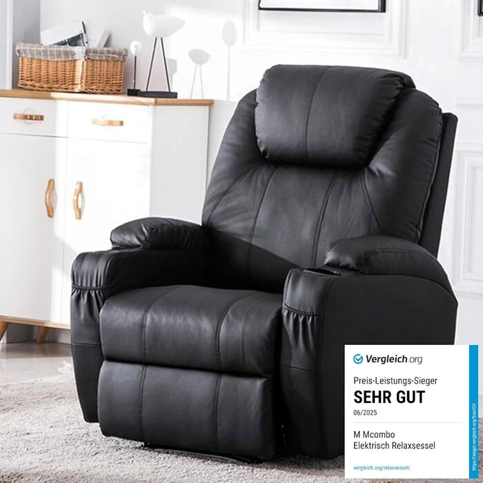 Електричне масажне крісло-реклайнер Крісло для телевізора з функцією відкидання, вібрацією та підігрівом 7061 Нова модель (чорна штучна шкіра)