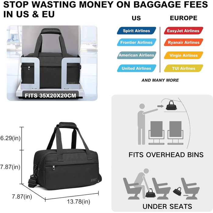 Ручна поклажа Kono Ryanair 40x25x20, легка підсидільна сумка об&39ємом 20 л з тканини Оксфорд, дорожня сумка з плечовим ременем та кріпленням на візку для чоловіків та жінок, чорна, M Чорний M (40 см x 25 см x 20 см) - 20 л