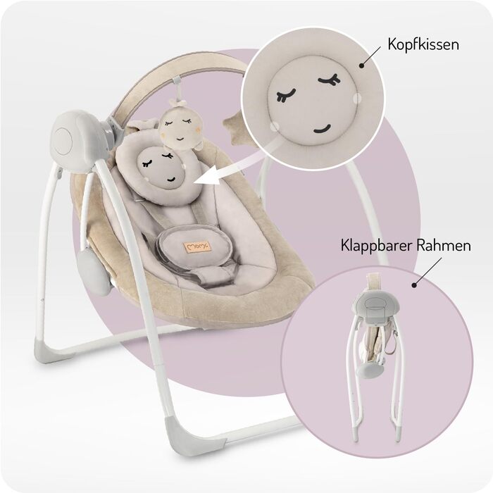 Електронний шезлонг MoMi LISS для немовлят до 9 кг, складний, живлення від батарейок або мережі, адаптер живлення з USB-кабелем, 5-точковий ремінь безпеки, дуга з іграшками, 6 мелодій, таймер, 5 швидкостей гойдання, бежевий колір