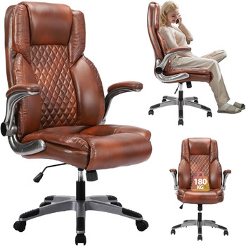 Ергономічне офісне крісло, вантажопідйомність 180 кг, робоче крісло з високою спинкою та широким сидінням, відкидні підлокітники, шкіряне обертове крісло для домашнього офісу та офісу, коричневий класичний колір