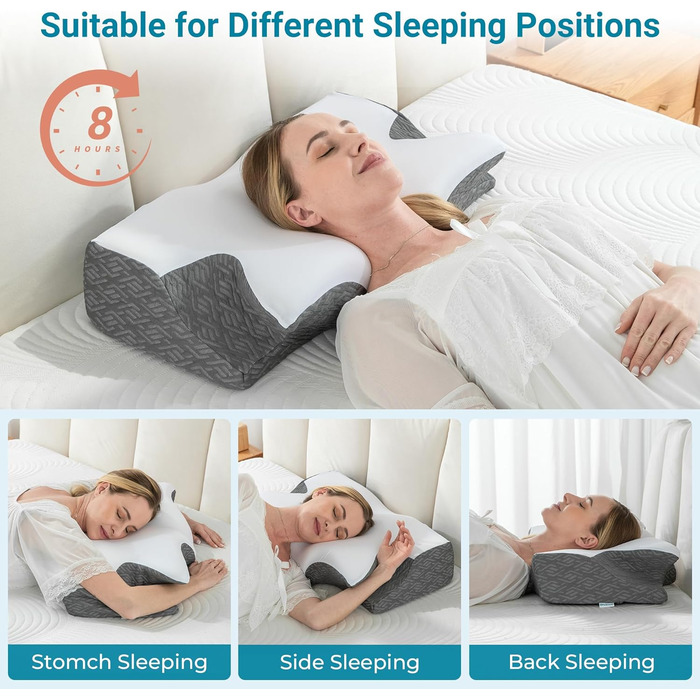 Ортопедична подушка Elviros з піни з ефектом пам&39яті, ергономічна подушка для шиї, подушка для голови для сну на боці, охолоджувальна подушка для підтримки шиї зі знімною наволочкою для сну на спині та животі, колір &quotкосмічний сірий&quot, 64(11,5/13