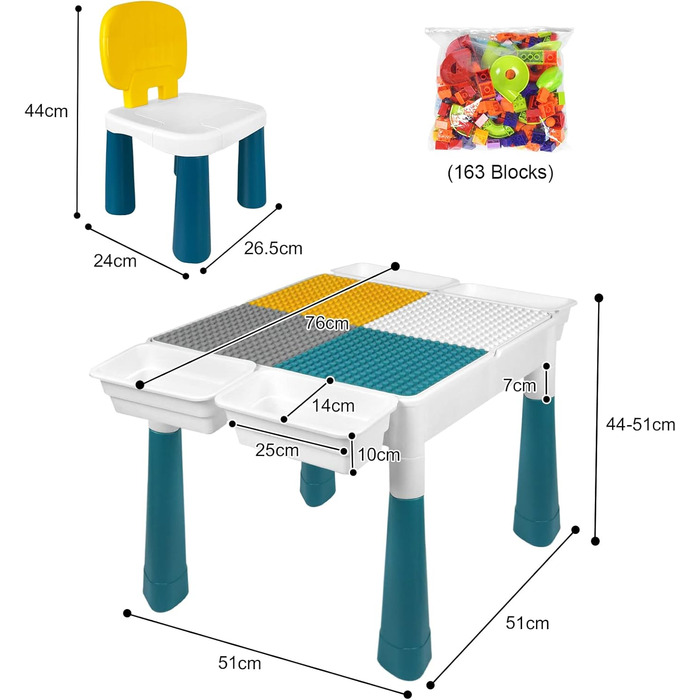 Дитячий стіл 6-в-1 з 2 стільцями, дитячий ігровий стіл зі 163 будівельними блоками, двостороння стільниця, багатофункціональний робочий стіл, пісочниця, стіл для рукоділля типу B - зі 163 будівельними блоками