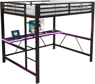 Каркас ігрового ліжка-горища з письмовим столом та світлодіодним підсвічуванням, USB-станція для зарядки, металевий каркас 160x200 см, чорний