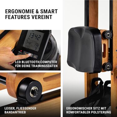 Водний гребний тренажер HAMMER AquaFold - складний гребний тренажер для домашнього використання, виготовлений з натурального дерева з колесами, гребний тренажер з Bluetooth, тренувальний комп&39ютер