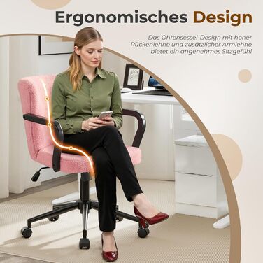 Крісло для офісу з регульованою висотою, ергономічне офісне крісло з високою спинкою та підлокітниками, обертове крісло з крилами спинки, крісло для туалетного столика, крісло для туалетного столика з колесами, рожева тканина шерпа