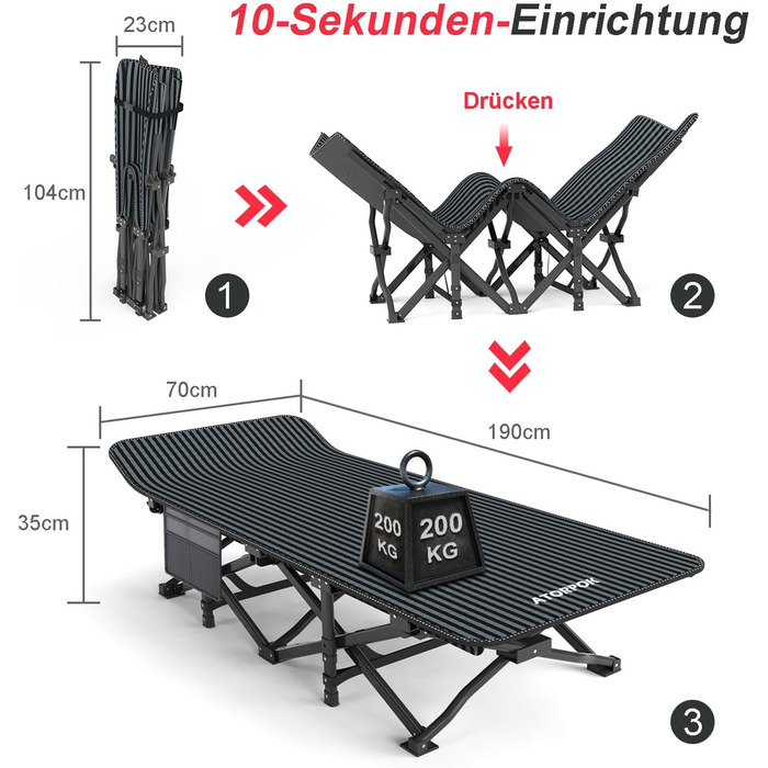 Розкладне кемпінгове ліжко, розкладне гостьове ліжко до 200 кг, міцне, портативне, шезлонг у формі сумки для подорожей, зручне