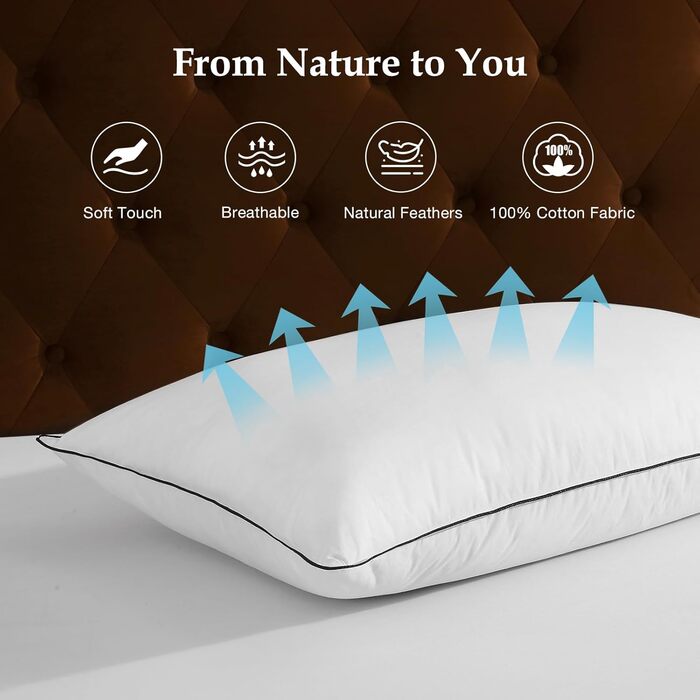 Пухові подушки DWR 40x80 см, комплект з 2 шт. , пір&39яні подушки з 3-камерним наповнювачем - розкішні подушки з гусячого пера та 100 органічна бавовняна тканина, надзвичайно комфортні, м&39які та підтримуючі, подушки 40x80 см, білі 40x80 см (2 шт.)