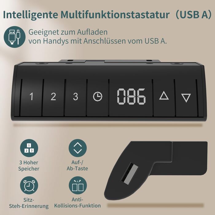 Регульований по висоті письмовий стіл 120x80 см з USB-портом для зарядки, 3 елементами управління пам'яттю і технологією захисту в