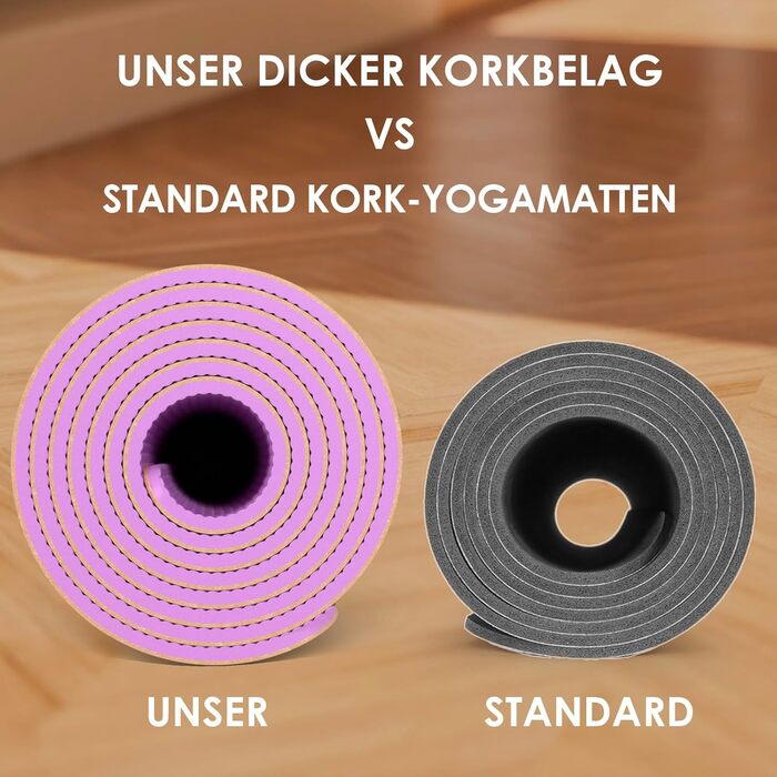 Килимок для йоги з корку, нековзний, унікальний дизайн, надзвичайно товстий натуральний корок, килимок для фітнесу з ТПЕ з сумкою для перенесення та ремінцем, для дому, пілатесу, аеробіки, тренажерного залу та тренувань, фіолетовий лотос