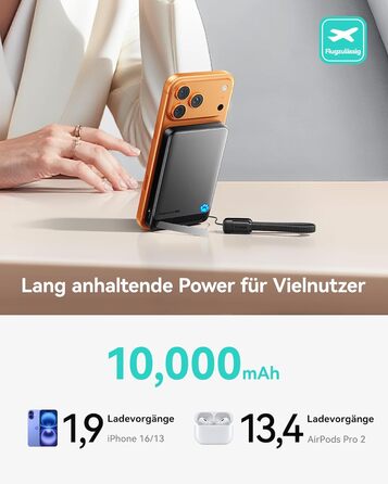 Найтонший магнітний портативний зарядний пристрій ємністю 10000 мАг, сертифікований Qi2, потужністю 15 Вт, надшвидкі зовнішні акумулятори для телефону потужністю 45 Вт з кабелем USB-C, портативний зарядний пристрій із підставкою лише для iPhone 17, 16, 15