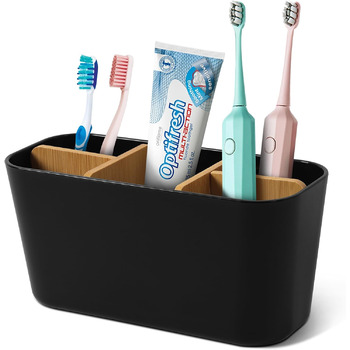 Тримач для зубних щіток Votoko, Пластиковий тримач для зубних щіток з бамбуковими перегородками, Підставка для зубних щіток з 4 ві