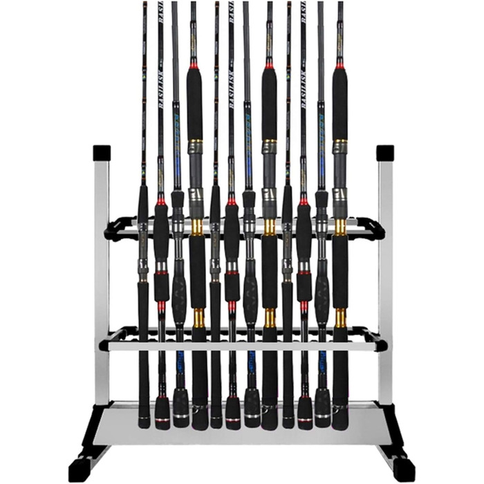 Підставка для вудок тримач для вудок з алюмінієвого сплаву, до 24 вудок, органайзер для зберігання вудок у гаражі або будинку, стійка на 24 вудки, сріблясто-чорна