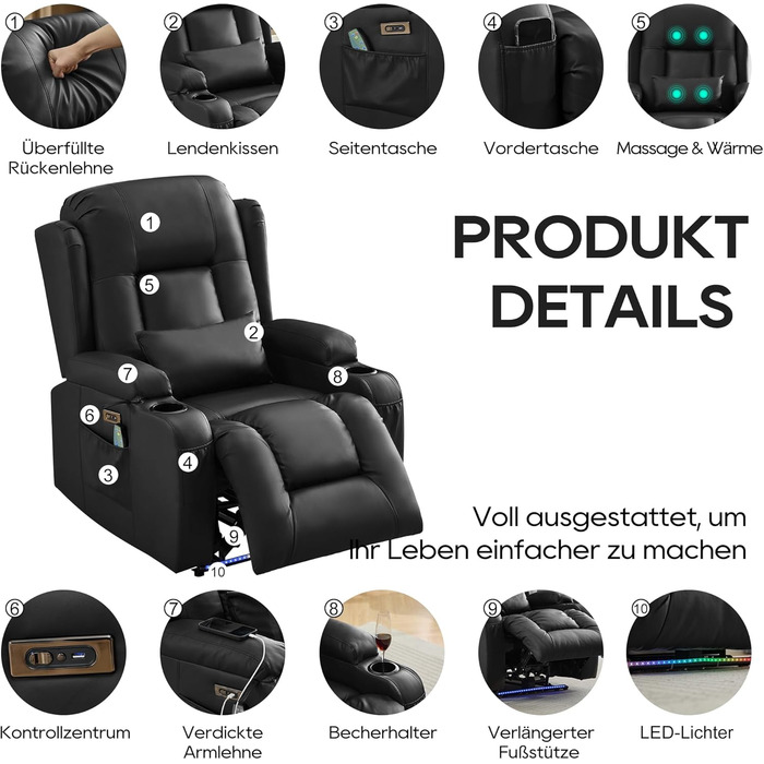 Крісло для телевізора з розкладним підйомником, масажне крісло з електрорегулюванням, функцією відкидання та підставкою для ніг, крісло для телевізора зі штучної шкіри з функцією підігріву, крісло для кінотеатру зі світлодіодним підсвічуванням/USB для віт