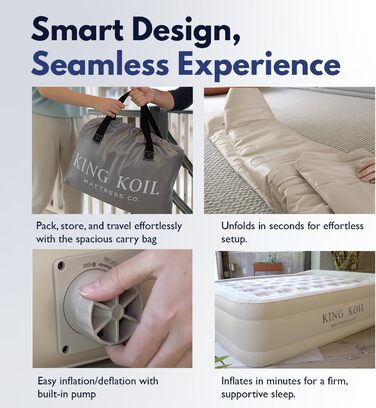 Надувний матрац KING Koil Unisex Luxury з вбудованим внутрішнім насосом 120 В змінного струму високої продуктивності, комфортною ковдрою, бежевий колір, 50,8 см