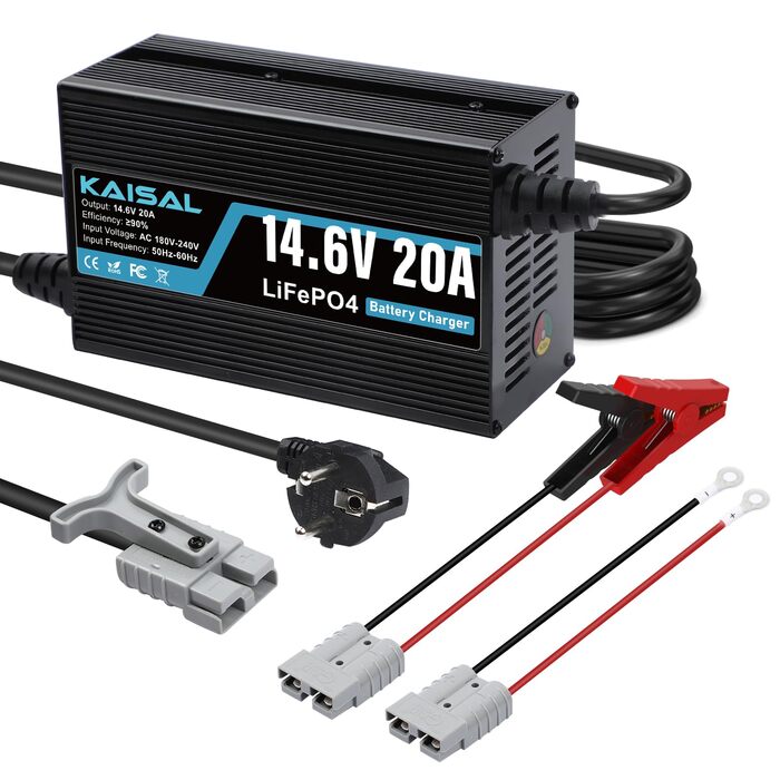 Зарядний пристрій KAISAL 12V 20A LiFePO4, зарядний пристрій для літієвих акумуляторів 14.6V для 12V LiFePO4 акумуляторів, 3-етапний автоматичний інтелект для кемперів, човнів та сонячних систем
