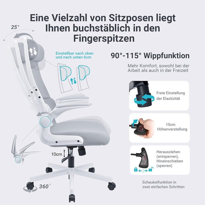 Ергономічне офісне крісло з регульованим підголівником, сітчасте робоче крісло, складні підлокітники, широке сидіння, функція гойдання, відповідає стандарту EN 1335, вантажопідйомність 200 кг, сірий колір