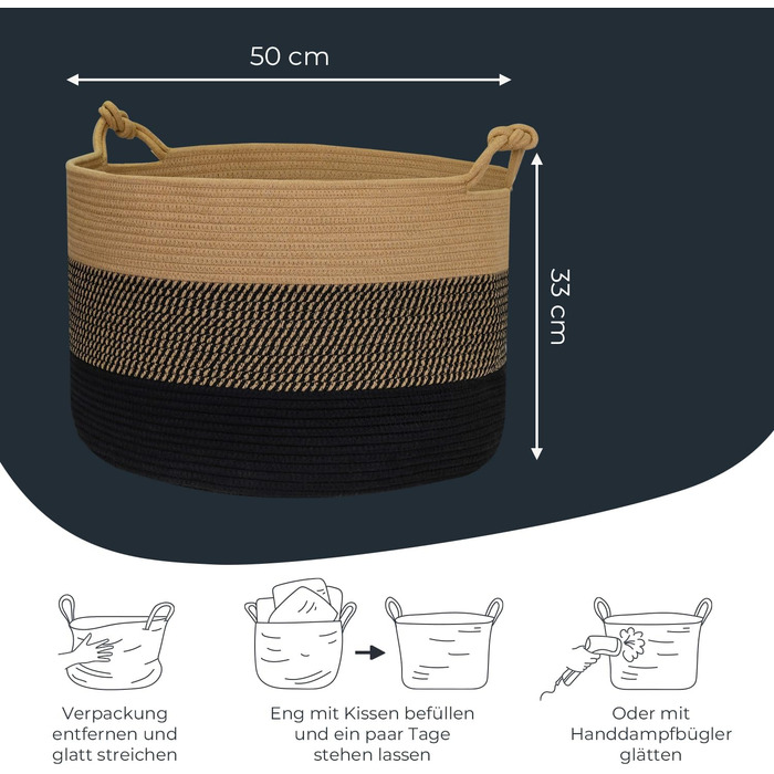 Кошик для зберігання HMF з ручками у формі щасливого вузла, великий бавовняний кошик 50 x 33 см Чорно-медовий