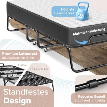 Розкладне ліжко ELONEO 90x200 см, включаючи преміум-матрац Розкладне гостьове ліжко, вантажопідйомність до 250 кг Розкладне дорожнє ліжко з металевим каркасом та транспортними колесами Настінне ліжко, включаючи захисний чохол, розкладне ліжко 90x200 см з 