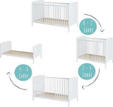 Дитяче ліжко/ліжечко Kids Collective 70x140, що трансформується, з регульованою висотою та знімними поручнями Білий масив сосни, зроблено в Європі Від народження до 6 років 70 x 140 см, білий