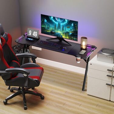 Ігровий стіл зі світлодіодним підсвічуванням, 140 x 60 см, поверхня з карбонового волокна ПК, включає підставку для чашок та гачок для навушників, легке складання, висота 73 см, чорний