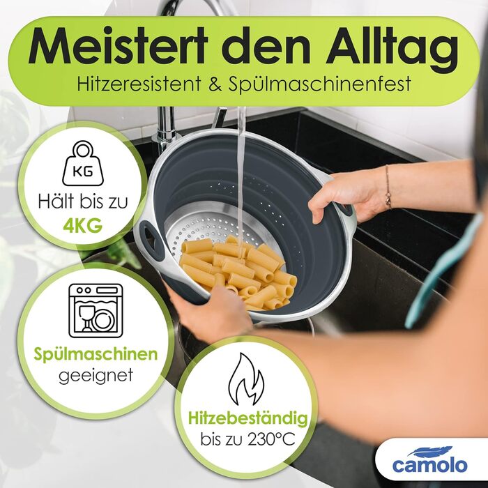 Сито для макаронів Ситечко з нержавіючої сталі та силікону Кухонне ситечко Складний сушарка Термостійкий та компактний сірий