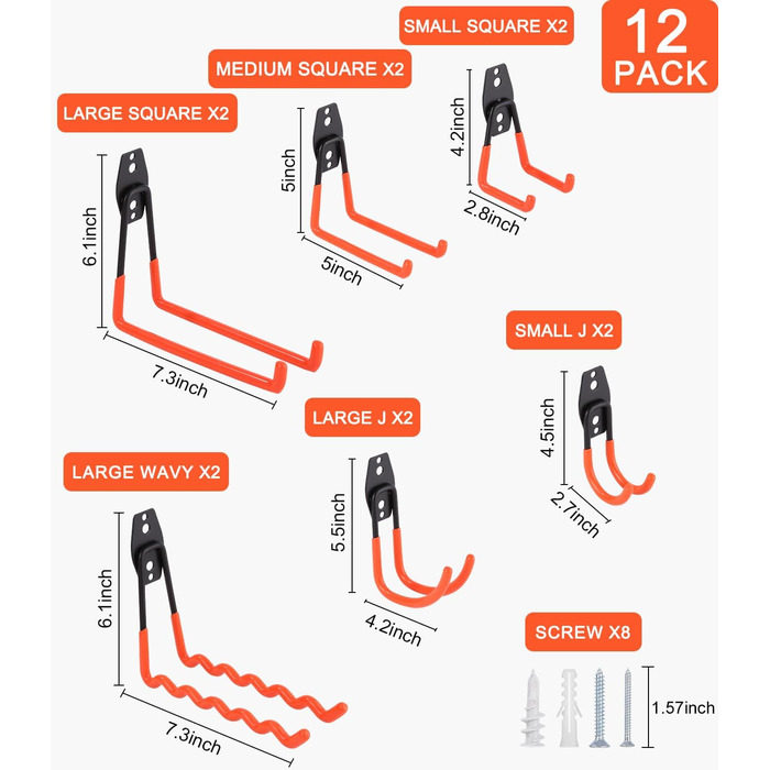 Важкі гачки для гаража, Подвійні гачки для гаража, Гаражні гачки для зберігання Гаражні гачки для організації драбини, стільця, шланга, велосипедів, електроінструментів Насип, 12 шт.