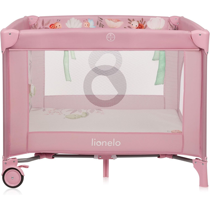 Дитячий манеж та дорожнє ліжечко LIONELO Mille Plus 2-в-1 100x100 см з матрацом та 3D-чохлом для немовлят, вагою до 15 кг (0-36 місяців), бічний вхід на блискавці, 2 колеса з гальмами, складний, сумка для перенесення рожевого кольору