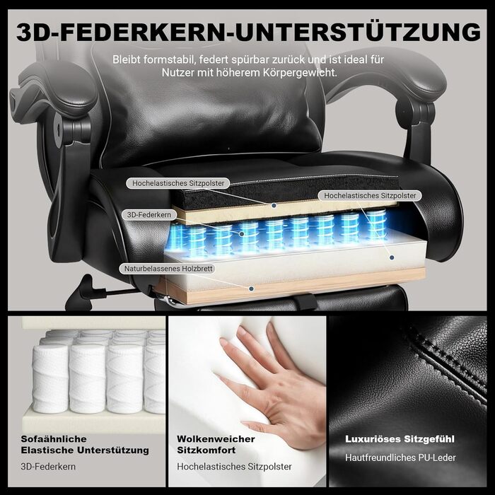 Офісне крісло BASETBL 200 кг, крісло керівника з 4-рівневою газовою пружиною, 3D-підлокітники, регульована поперекова опора та підголівник, тихі гумові ролики, широке сидіння XXL, EN12520, ергономічне офісне крісло чорного кольору з гумовими роликами