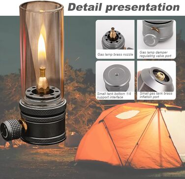 Газовий ліхтар, портативний металевий газовий ліхтар для кемпінгу з термостійким склом, ліхтар з регульованим клапаном, ліхтар для кемпінгу та походів