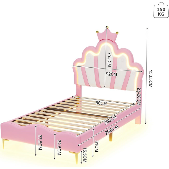 М&39яке ліжко 90x200, дитяче ліжко з рейковою основою та світлодіодним освітленням, плоске ліжко з узголів&39ям у формі хмари, ліжко принцеси у формі корони, м&39яка оббивка зі штучної шкіри 90x200 см рожевого кольору