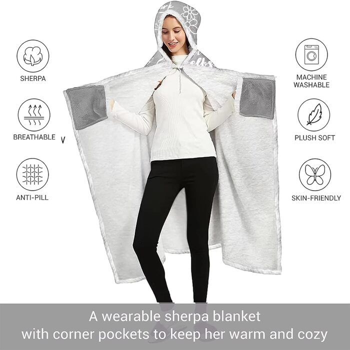 Подарунки для найкращих друзів, товста ковдра-обіймачка з рукавами - подарунок для дівчини, подарунок на день народження для дівчини, подарунок на день народження для жінки, мами, дівчини, сестри, дружини, бабусі, сірий, 120*185 см