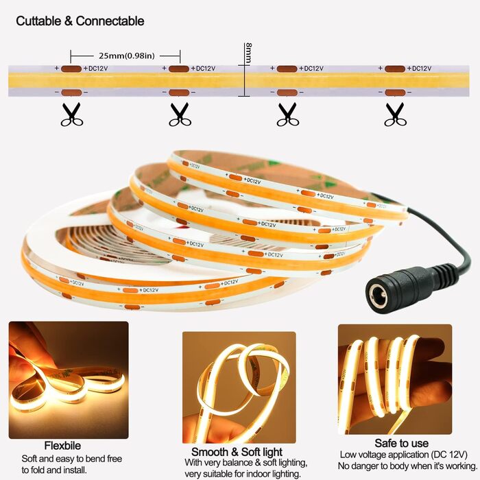 Світлодіодна стрічка Tesfish COB, постійний струм 12 В 5 метрів світлодіодна стрічка 480 світлодіодів/м теплий білий 3000K неонове світло гнучка супер яскрава світлодіодна стрічка з роз'ємом постійного струму для вечірки, стійки, полиці, домашнього декору