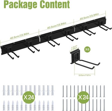 Регульований тримач для інструментів Housolution 121 см, металевий настінний гачок з 3 рейками 6 гачків Стійка для інструментів Настінний тримач інструментів для гаражів Підвальна майстерня Мітла Граблі Органайзер для інструментів Чорний набір 1-3 рейки 6