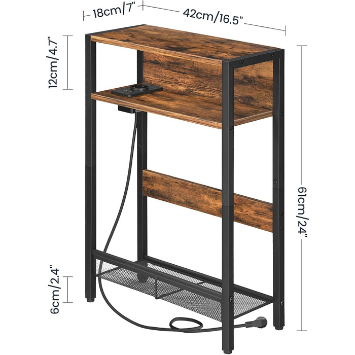 Вузький приставний столик, столик біля дивана із зарядною станцією, тумбочка з 2 дерев&39яними композитними панелями та 1 металевою полицею, для невеликих приміщень, вітальня, вінтажний коричневий та чорний DTBZ05CBF Вінтажний коричневий, чорний